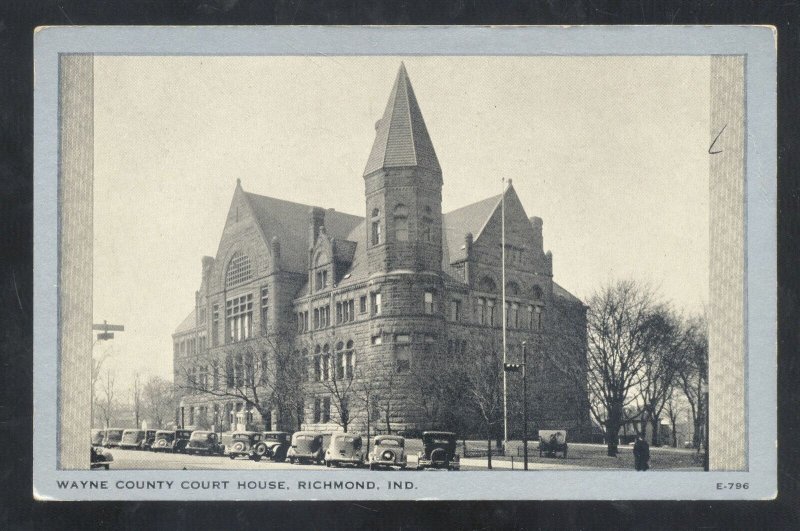 RICHMOND INDIANA WAYNE COUNTY COURT HOUSE OLD CARS VINTAGE POSTCARD