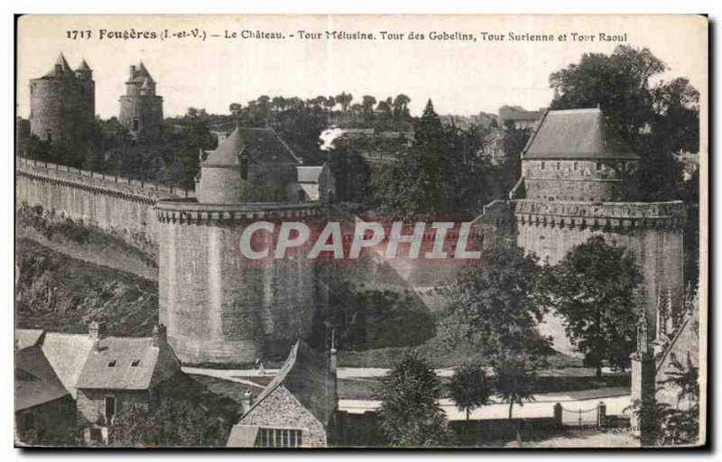 Old Postcard Fougeres Chateau Tour Melusine Tower Goblin Tower and Tower Raou...