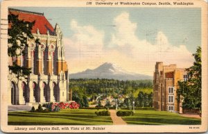 Vtg University of Washington Library Physics Hall Mt Rainier Seattle WA Postcard