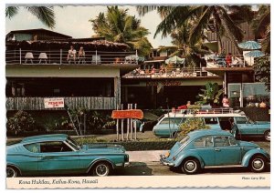 Hukilau Hotel w VW Bug Mustang Vintage Cars Parked Bar Kailua Kona Postcard 1969