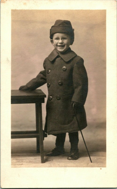 Vtg Real Photo RPPC 1910-30 AZO Studio View - Adorble Child In Uniform w Cane 