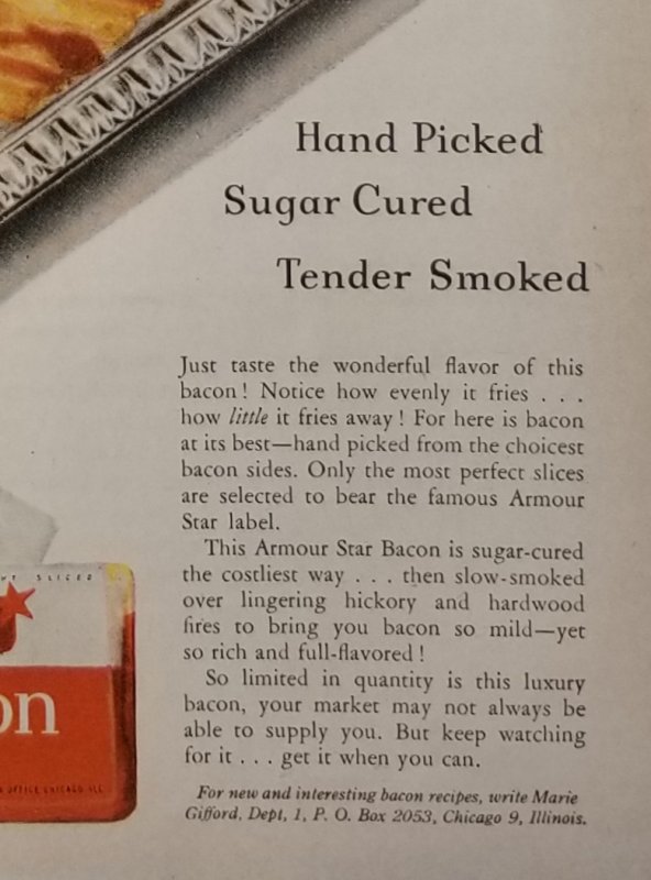 Armour Star Bacon Magazine Ad 1946 LIFE Color One Page EXL100109