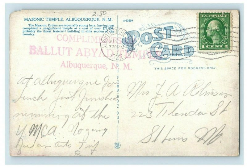 Vintage Masonic Temple, Albuquerque, N. Mex. Postcards P166