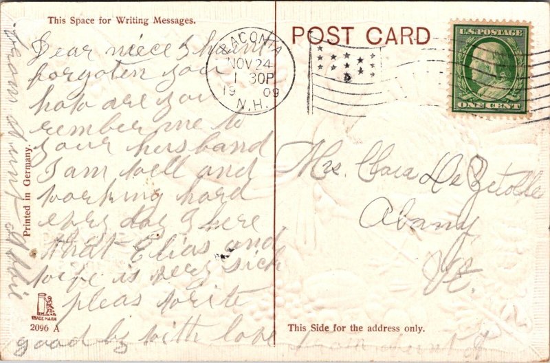 Thanksgiving Greetings, Turkey, Flag Embossed c1909 Vintage Postcard Y34