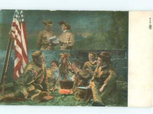 Pre-Linen Patriotic military USA FLAG BY THE CAMPFIRE AC0782