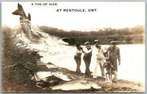 RESTOULE ONT. CANADA FISHING EXAGGERATED ANTIQUE REAL PHOTO POSTCARD RPPC dog