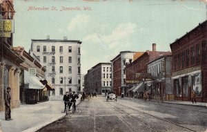 JANESVILLE WISCONSIN WI~MILWAUKEE ST STOREFRONTS-BICYCLES~1911 POSTCARD