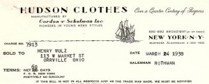 1938 HUDSON CLOTHES GORDON AND SCHULMAN N.Y. YOUNG MEN'S  BILLHEAD INVOICE Z503