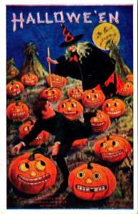 Vintage Ugly Witch, Scared Little Boy, JOL, Pumpkins, Moon Halloween Postcard