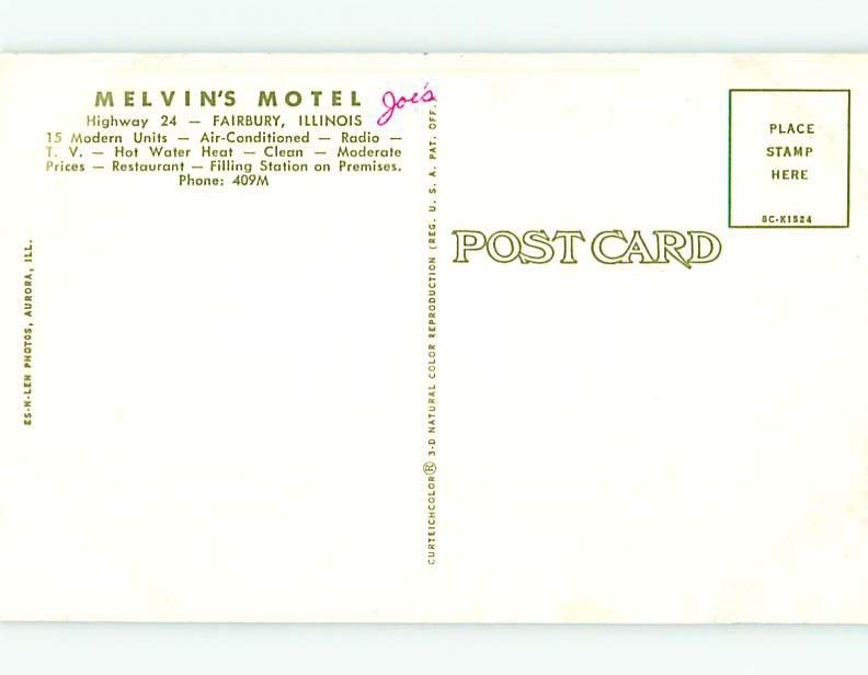 Unused Pre-1980 MELVIN'S MOTEL Fairbury Illinois IL s7324