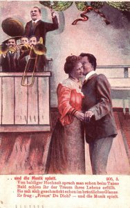 Vintage Postcard 1910 Sweet Lovers Man Whispering To Woman with Musician Artwork