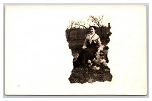 RPPC Photo Mask Portrait Woman Sitting In Field UNP Postcard Y9