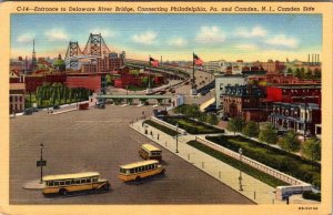 Camden, NJ New Jersey DELAWARE RIVER BRIDGE~School Buses ca1940's Linen Postcard