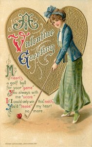 Embossed Winsch Schmucker Valentines Day Postcard Woman Golfs Heart W/ Golfball