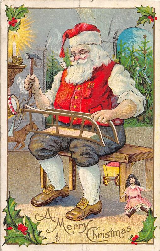 F25/ Santa Claus Merry Christmas Postcard 1911 Hammer Build Sled 11