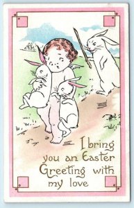 I BRING You an EASTER GREETING Cherub & Bunny Rabbits c1910s Pink  Postcard