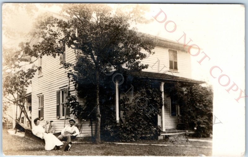 c1910s Vernacular Farmhouse Style House RPPC Couple on Hammock Photo Girl A156