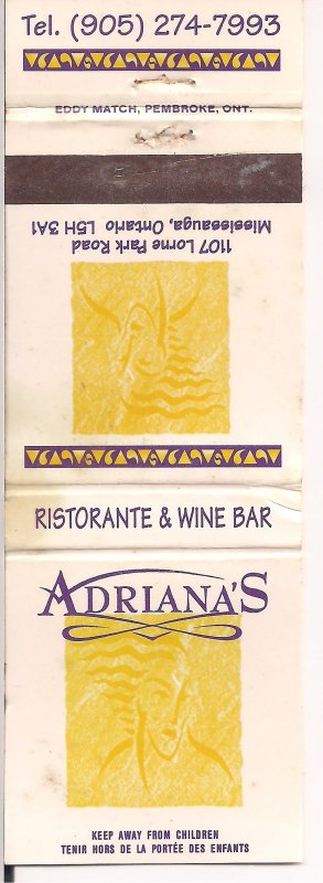 Matchbook Cover ! Adriana's Ristorante & Wine Bar, Mississauga, Ontario !