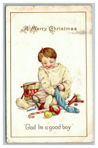 Vintage 1915 Christmas Postcard Good Boy Opens Presents & Stocking on Xmas Day