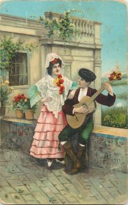 Italian folk tupes couple costumes guitar serenade vintage Stengel fine art