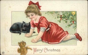 Christmas Girl Black Cat Kitten Stecher Embossed c1900-20s Vintage Postcard