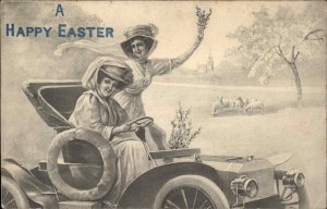 Easter Fancy Pretty Women Riding in Old Car c1900s-10s Postcard