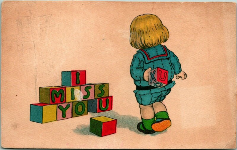 Vtg Postcard 1914 Comic - I Miss You Alphabet Block Spellout w Child XO