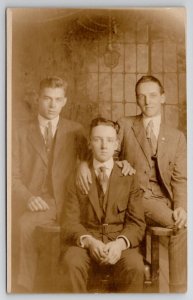 RPPC Three Handsome Young Men Worcester Mass Studio Photo Postcard Y28