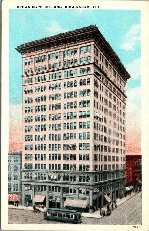 Postcard AL Birmingham Brown Marx Building - Streetcar, Shops, Old Car 1920s L14