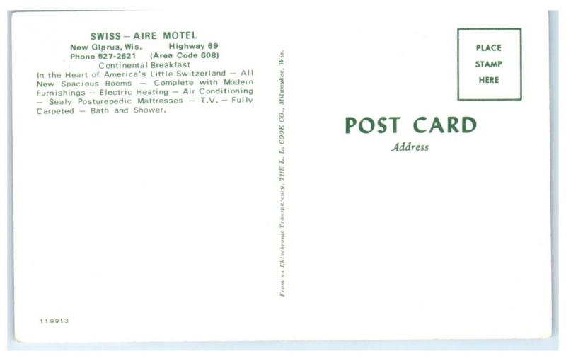 Vintage Swiss-Aire Motel, New Glarus, WI Postcard