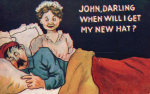 Vintage Postcard Johnn Darling, When Will I Get My New Hat? Comic Couple Bedtime