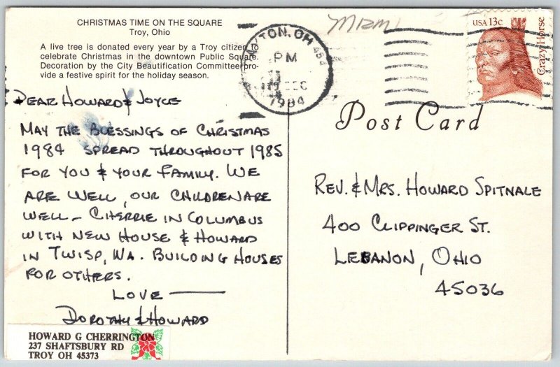 Troy Ohio 1984 Postcard Christmas Time On The Square