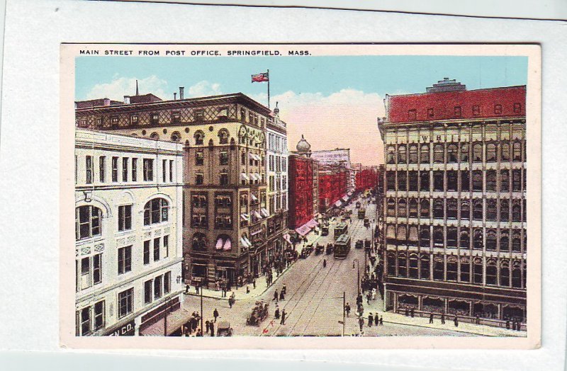 P1311 old unused postcard main street old cars trollies people springfield mass