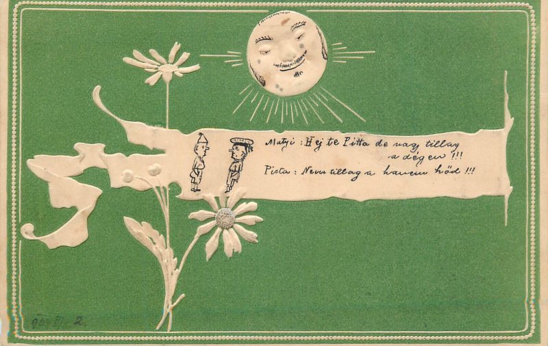 Greetings 1903 postcard embossed sun and flowers