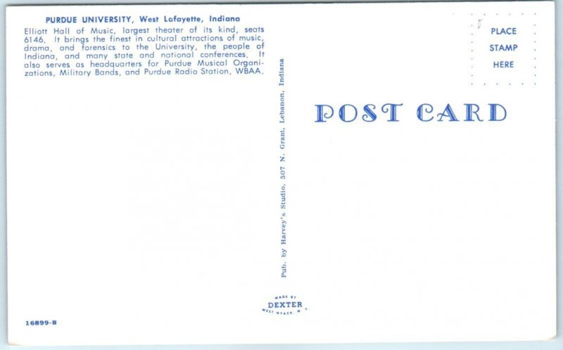 Postcard - Elliott Hall of Music, Purdue University - West Lafayette, Indiana