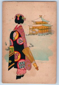 c1950's Girl Kimono With Umbrella Japan Art Unposted Vintage Postcard