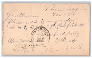 1892 Mr O Rust WJ Young and Co. Thornburg Iowa IA Clinton IA Postal Card