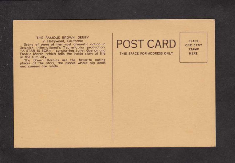 CA Brown Derby Restaurant Hollywood California Postcard US