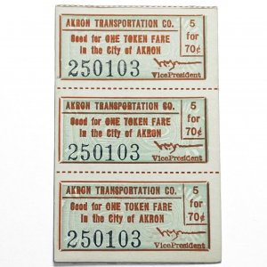 Vintage Akron Transportation Co., Three Attached Fare Tickets