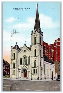 Peoria Illinois IL Postcard Sacred Heart Church Exterior Roadside 1948 Vintage