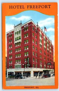 FREEPORT, IL Illinois ~ Street Scene  HOTEL FREEPORT c1930s Cars Postcard