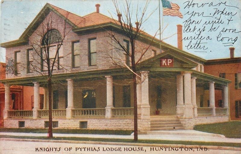 Huntington Indiana~Knights Of Pythias Lodge House~KP Sign~US Flag~1908 Postcard 