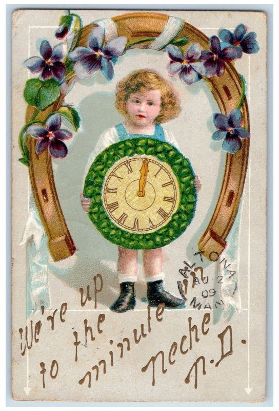 Neche North Dakota ND Postcard We're  Up To The Minute 1909 Horseshoe And Clock