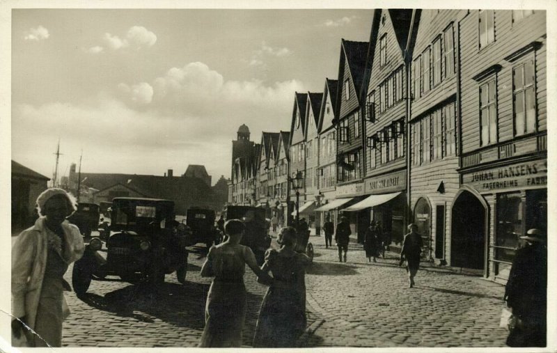 norway norge, BERGEN, Street Scene, Shops, Cars (1937) RPPC Postcard