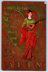 Bricelyn Minnesota MN Postcard Valentine Heart Pretty Woman Playing Banjo 1910