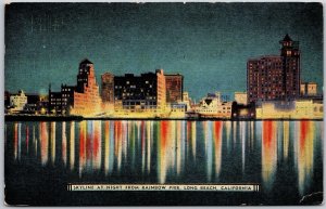 Long Beach California, 1953 Skyline at Night from Rainbow Pier, Vintage Postcard