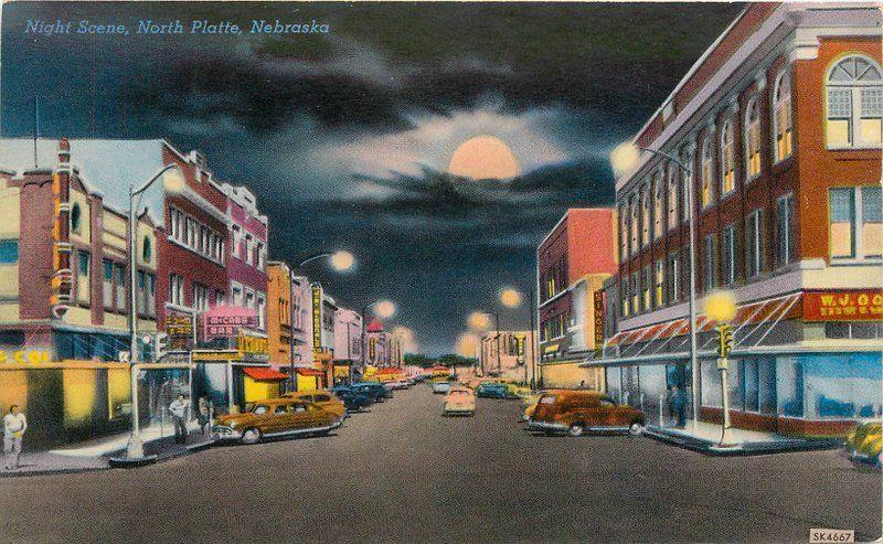 Autos Dunlap 1940s Night North Platte Nebraska Postcard Colorpicture 12593