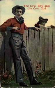 Cowboy and Cowgirl on Opposite Sides of Fence c1910 Postcard