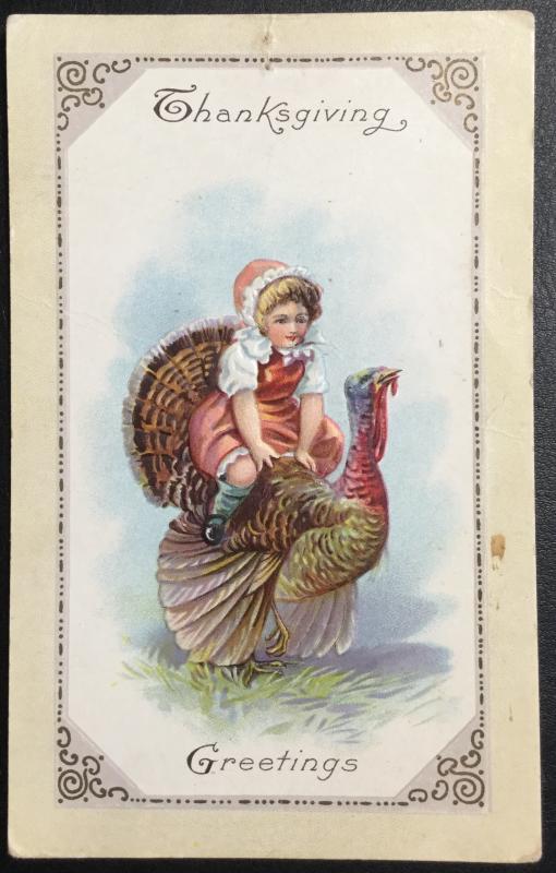 Unused Postcard Thanksgiving Lightly Printed address Girl riding Turkey  LB