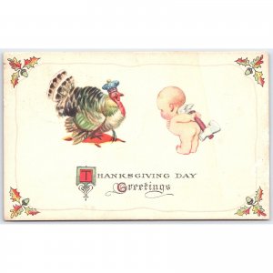 Postcard Thanksgiving Day Greetings Turkey and Cherub